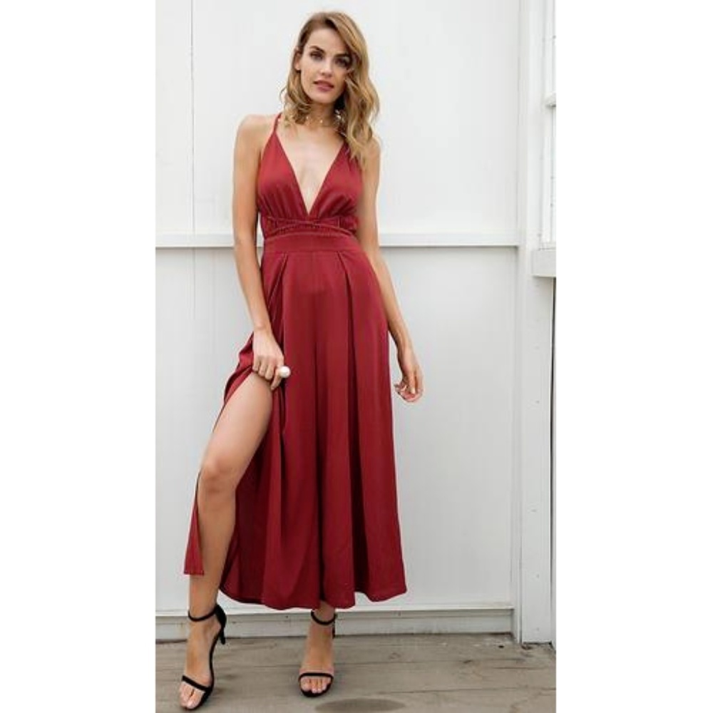 Womens "Isabella" Deep V Neck Backless Jumpsuit